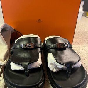 Hermes Kelly Black Leather Women's Sandals